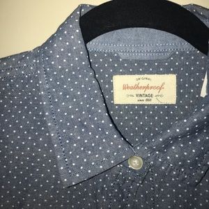 blue polka dot button down